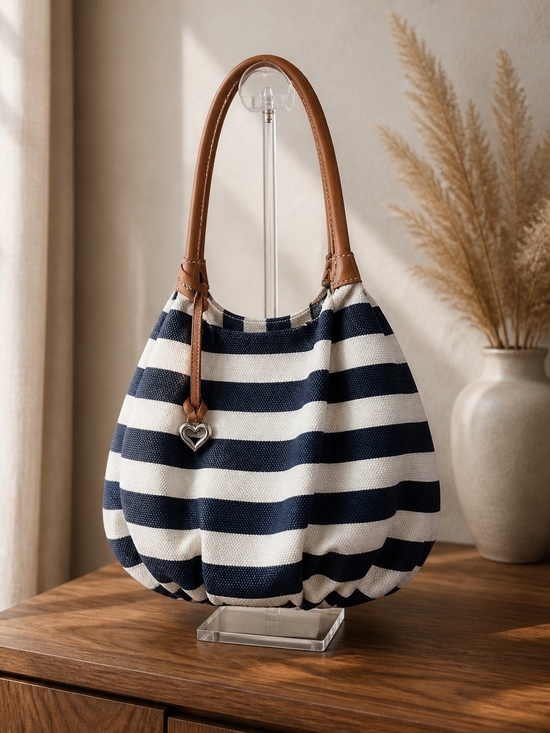 Brighton Handbags - Brighton Navy and Cream Striped Shoulder Bag with Tan Handles